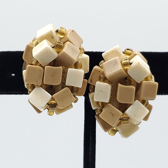 Cluster Clip On Earrings Off White Tan Brown Cubes Seed Beads West Germany - Picture 1 of 6